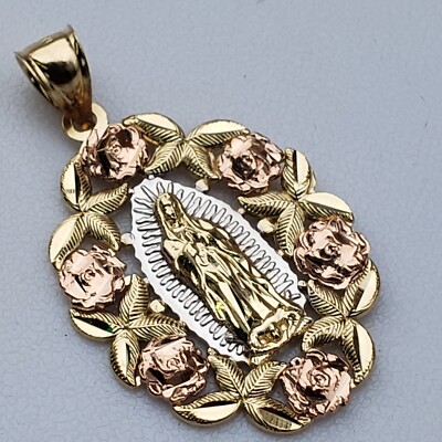 14k yellow rose gold virgin Mary Holy mother oval Guadalupe pendant charm 