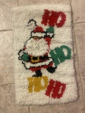Vintage MCM Latch Hook Rug Santa Clause Wall Hanging Ho Ho Ho 18  W  30  T