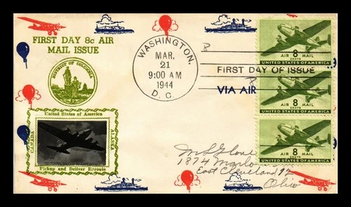 US COVER AIR MAIL 8C FIRST DAY ISSUE SCOTT C26 STRIP OF 3 CROSBY PHOTO CACHET