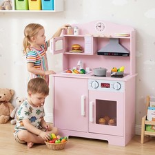 Play Kitchen for Kids, Wooden Kitchen Playset w/ Range Hood, Microwave, Sink