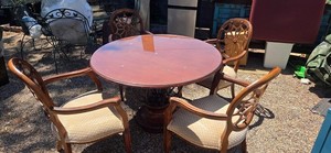 Solid Wood Round Pedestal Dining Table Set 5-Piece w/ 4 Chairs Brown Beige