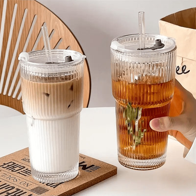 **2er Set Glasbecher mit Deckel & Strohhalm   Iced Coffee, Latte, Cocktail & Tee