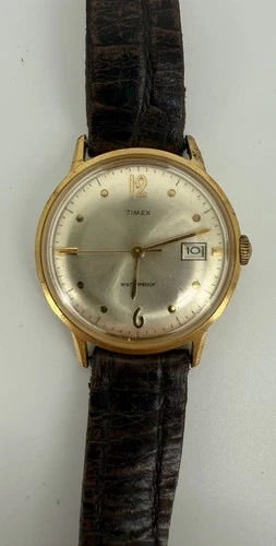 Timex Vintage Gold Tone Date Leather Band VTG Brown Watch FOR PARTS