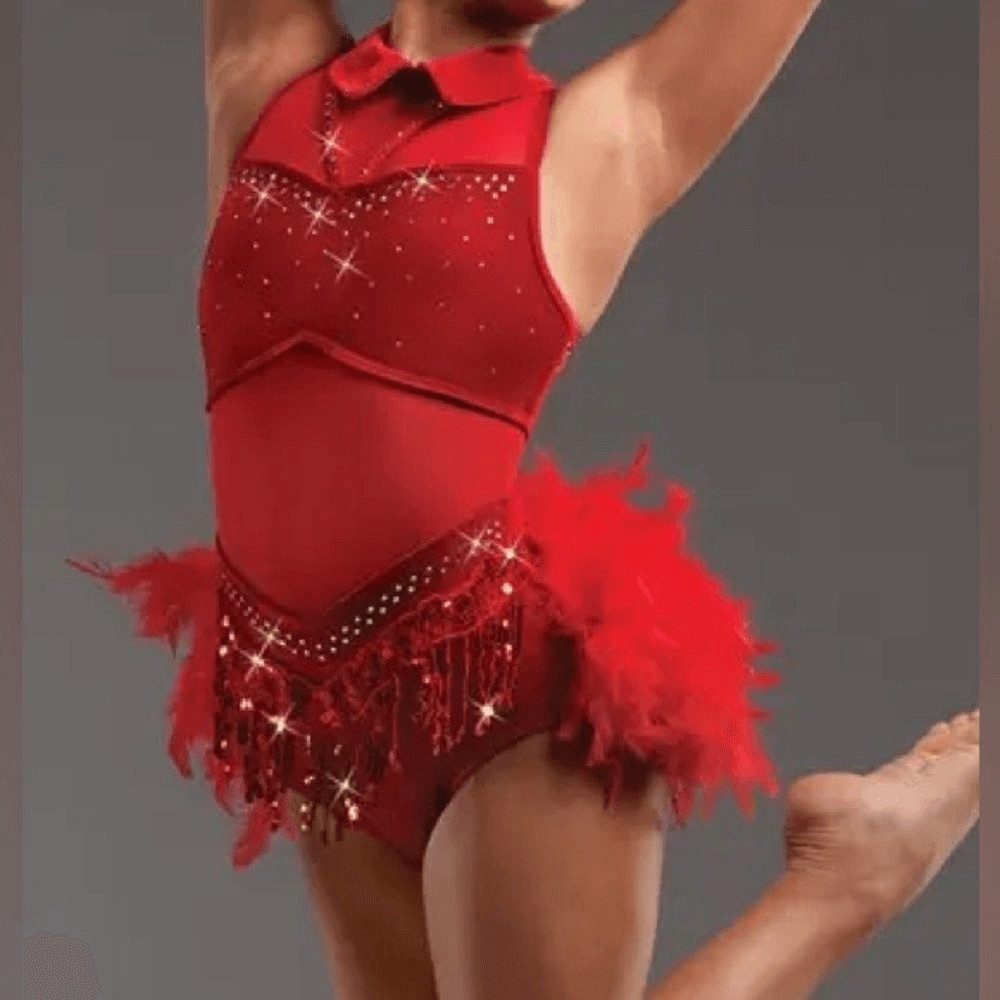 WEISSMAN solo Dance Costume red Crystal feather Leotard stoned velvet 15752 MA