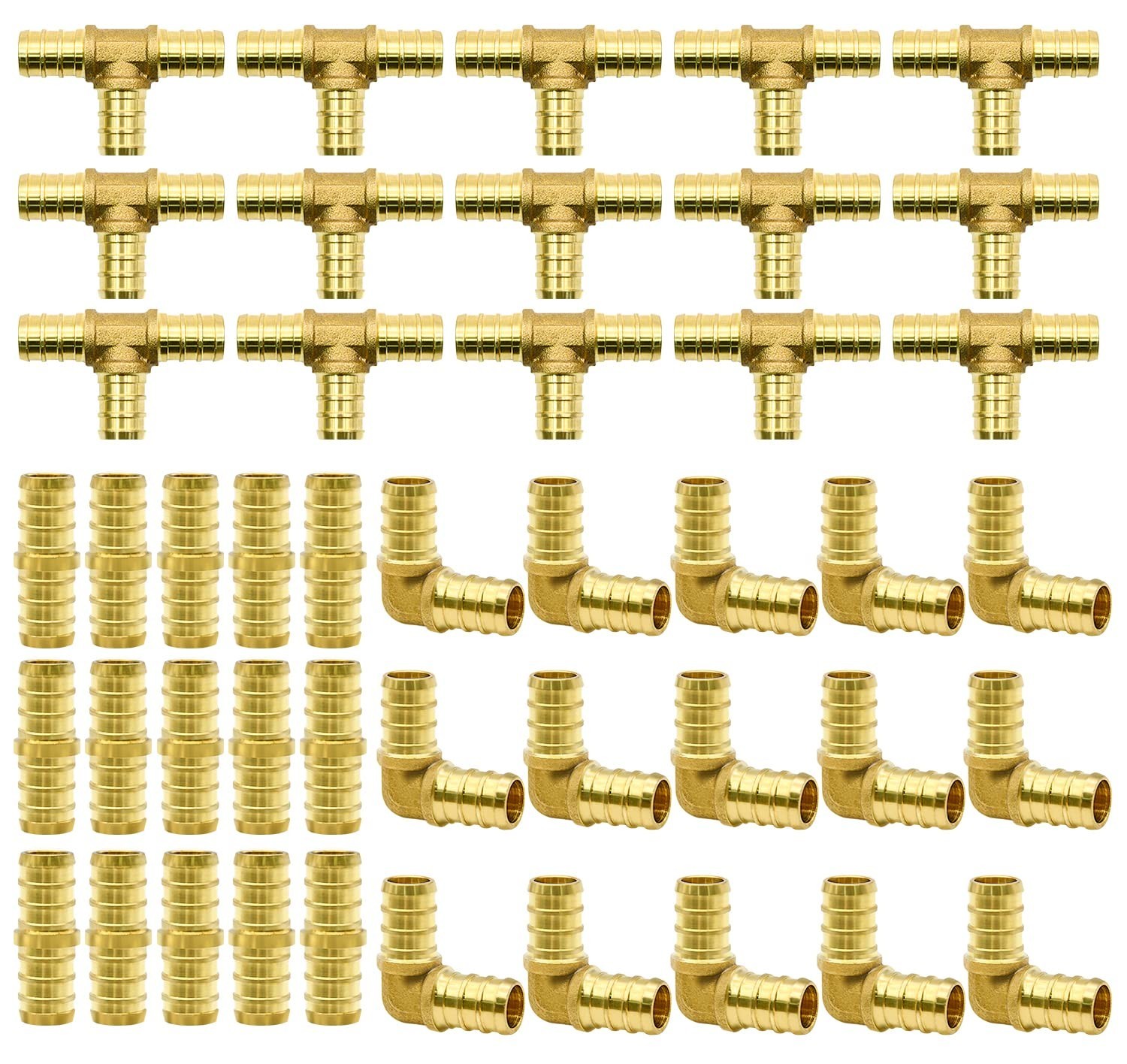 Piece 1/2in Brass PEX Crimp Fitting Set, Tees, Elbows & Couplings