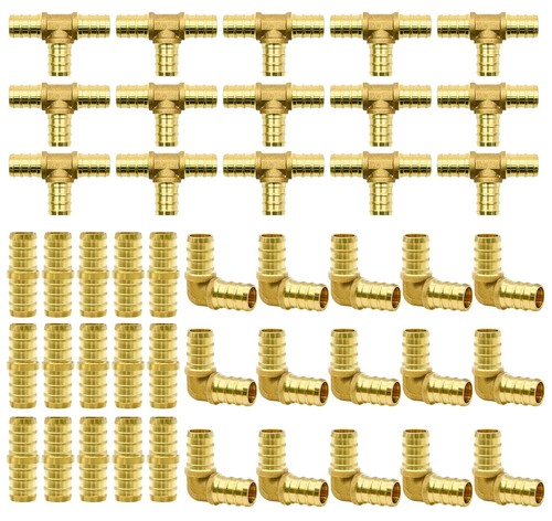 Piece 1/2in Brass PEX Crimp Fitting Set, Tees, Elbows & Couplings