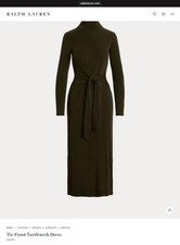 Ralph Lauren Dark Green Tie-Front Stretch Rib Knit Turtleneck Midi Dress, S/P