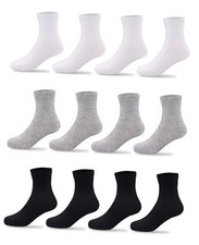 12 Pairs Kids Socks Boys Girls Youth Mid Calf 7-10 Years Black,white,gray