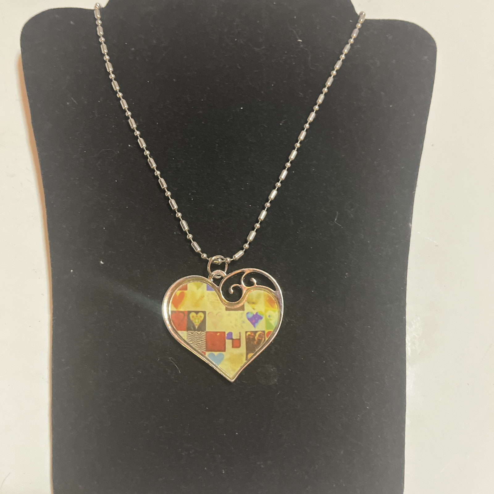 PATCHWORK HEART NECKLACE SILVER TONE Ball Chain 2… - image 1