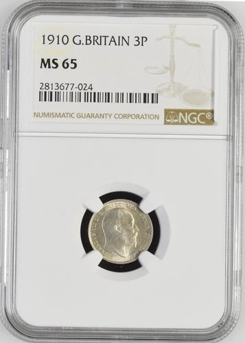 ONLY 1 HIGHER 1910 Great Britain Silver Three Pence NGC MS 65