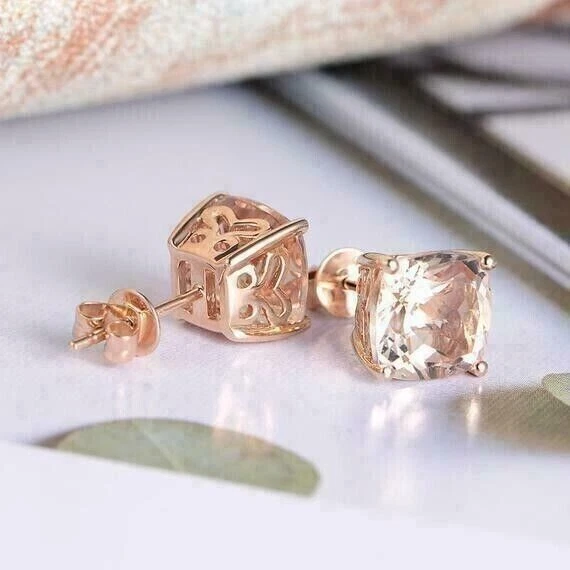 4CT Cushion Cut Lab Created Peach Morganite Stud Earrings 14K Rose Gold Plated - Image 3 of 4