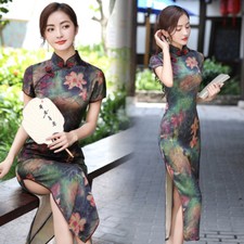 Summer Cheongsam Short-Sleeved Landscape Fashion Elegant Lady Long Slim Dress
