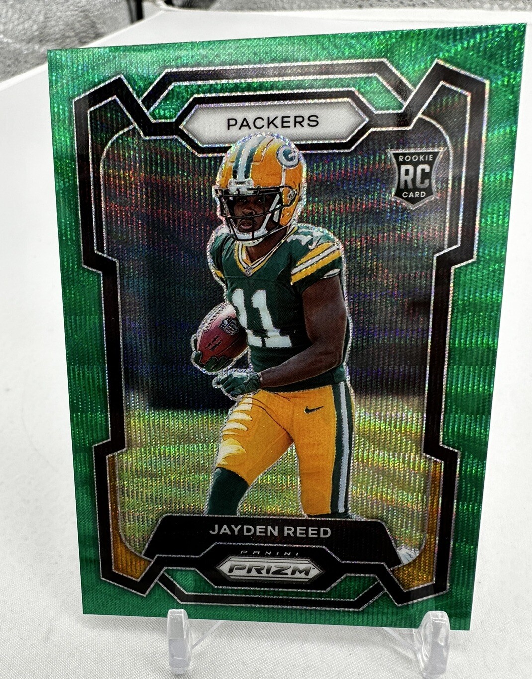 Jayden Reed 2023 Panini Prizm GREEN WAVE PRIZM PARALLEL Rookie #334 PACKERS