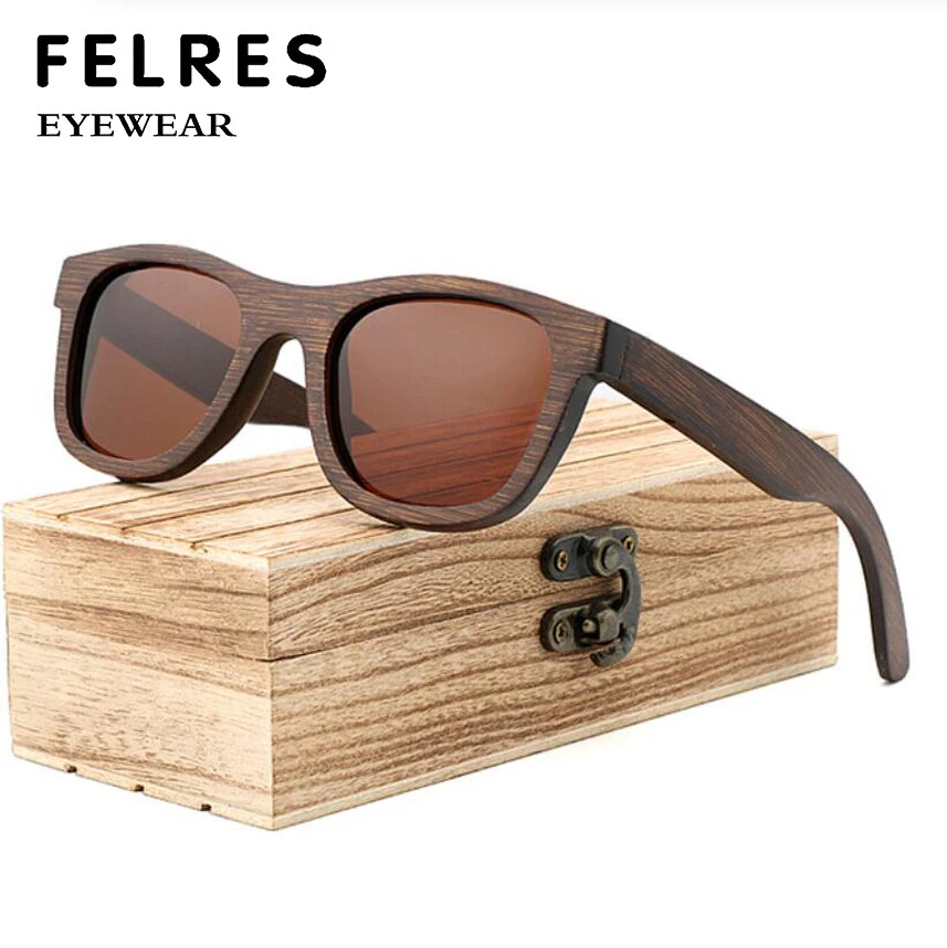 Square Bamboo Wood Polarized Sunglasses Men Women Brown Wooden Frame Glasses Hot