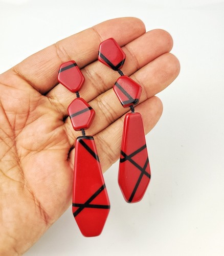 Sobral Street Marais Red & Black Dangling Statement Artist Made Post Earrings - Picture 5 of 5