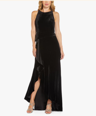 adrianna papell black velvet dress Black Off The Shoulder Velvet Mermaid Gown With Organza Ruffle main image 1