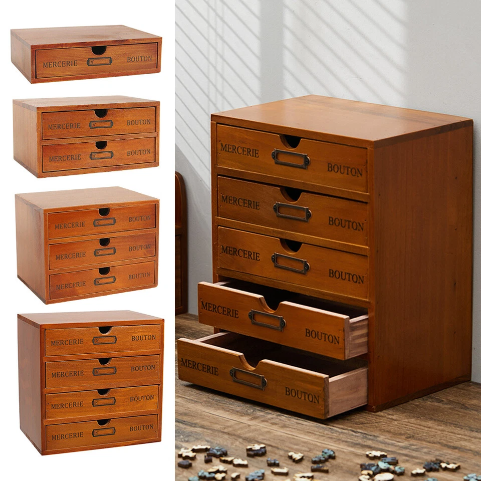 Wood Storage Drawer Draw Tower Unit Vintage Desktop Boxes Home Office Organizer - Image 3 of 4