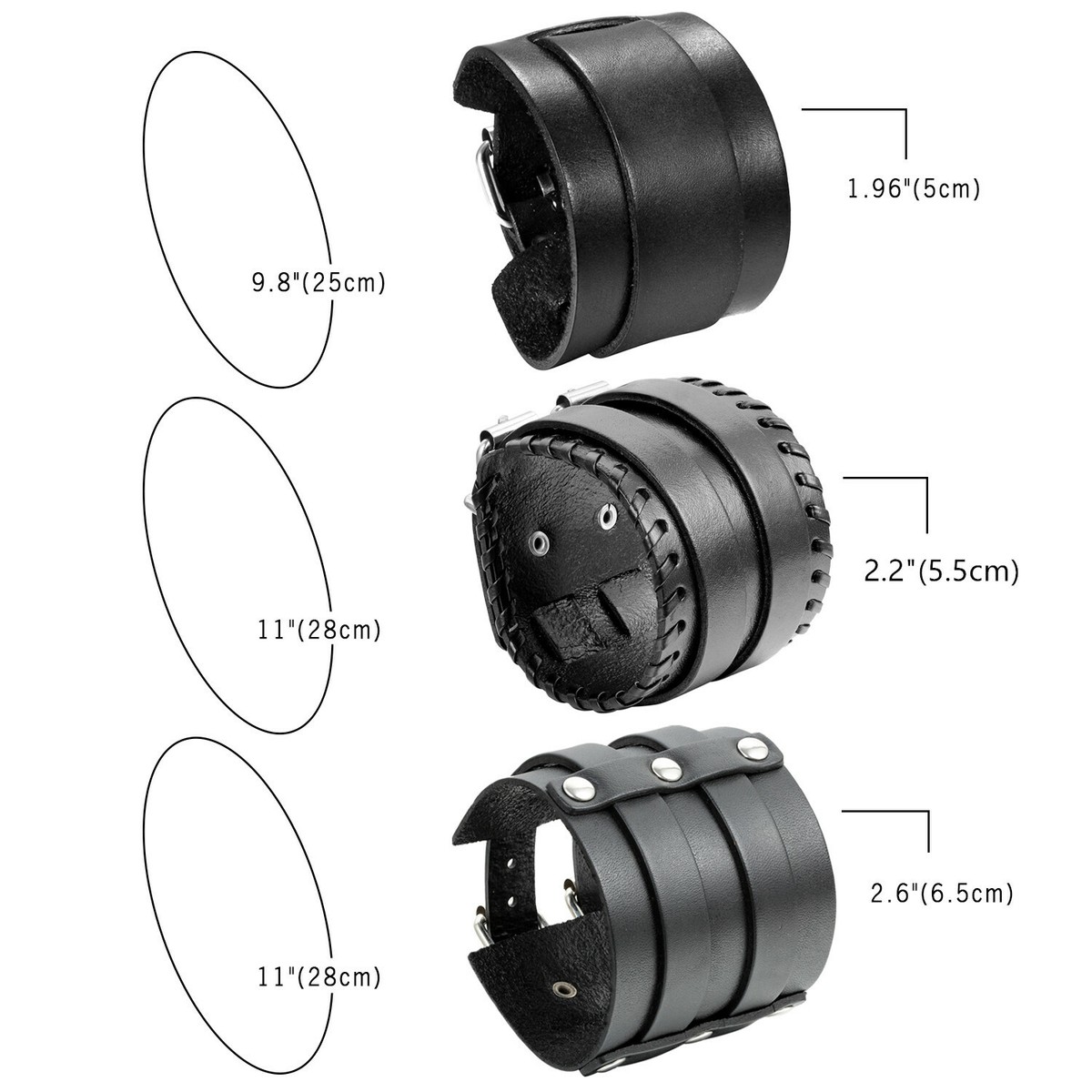 3PCS Men Women Punk Black Wide Leather Bracelet Bangle Cuff Length