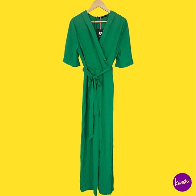 V BY VERY Women's Belted Wrap V-Neck Jumpsuit, Green, UK 16 | EU 44 | US 12