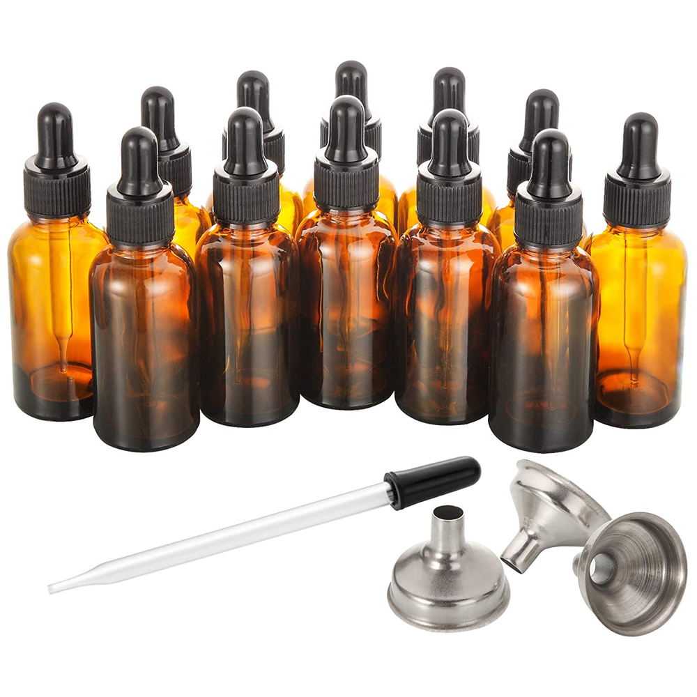 12 Pack, 2 Oz Glass Dropper Bottle with 3 SS Funnels & 1 Long Eye Dropper - 60Ml