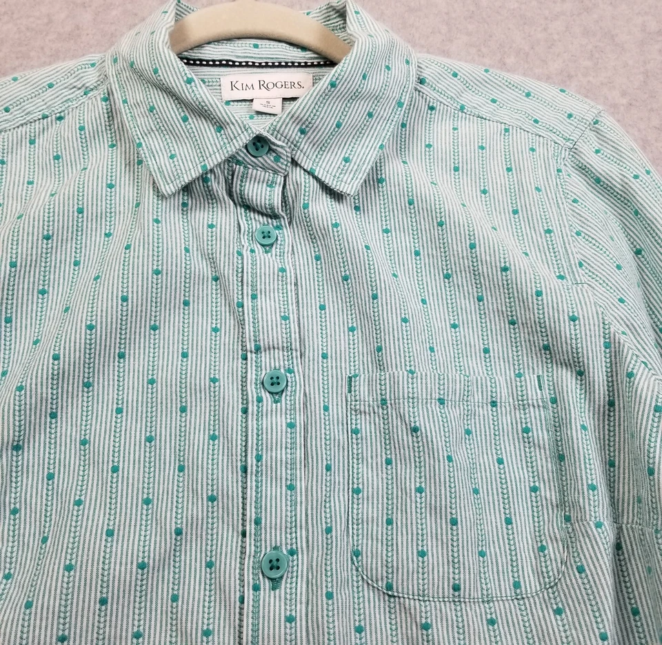 Camisa Kim Rogers Abotonada Para Mujer Pequeña S Verde Blanco Rayas Lunares Algodón Foto 2 de 4