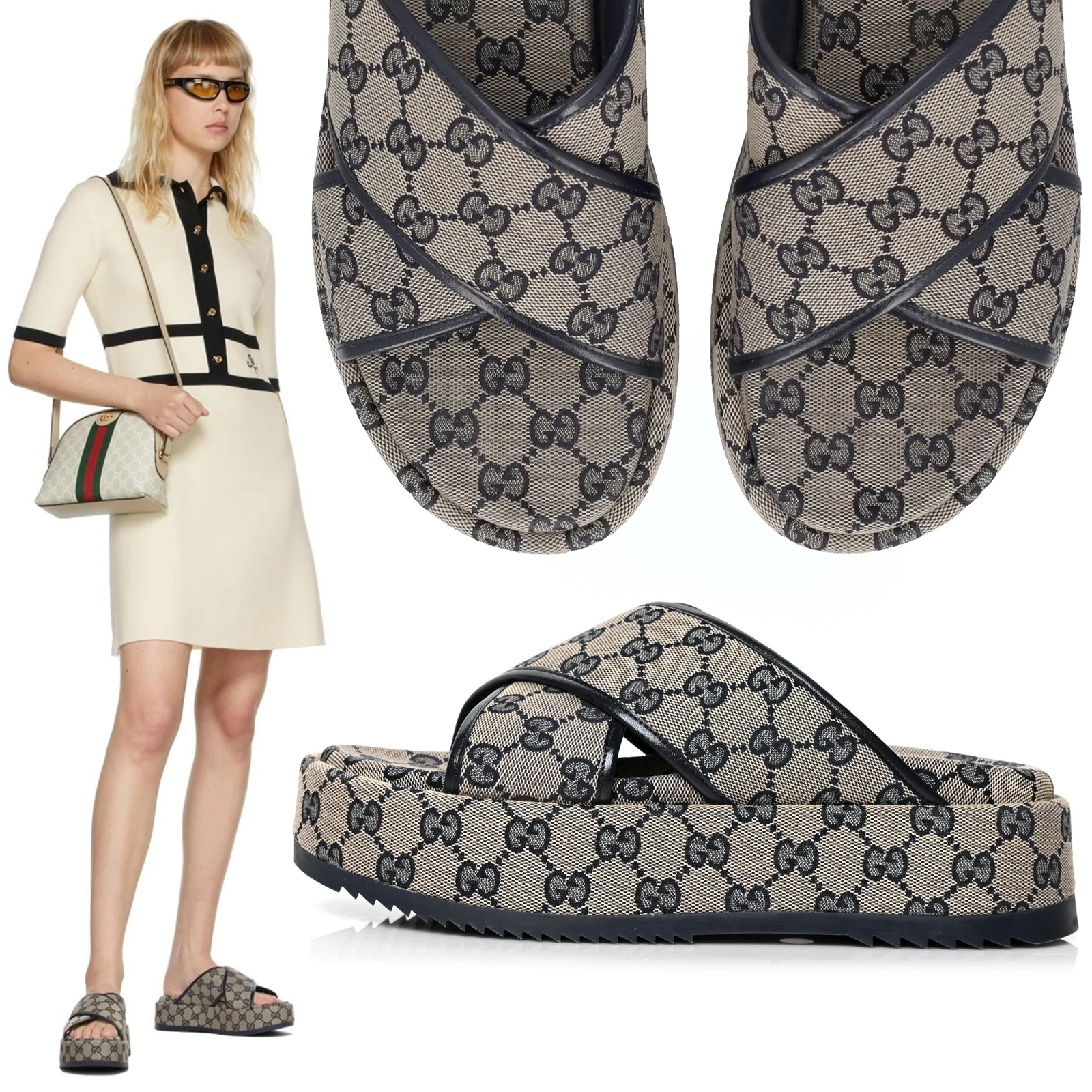 CHAUSSURES GUCCI ANGELINA GG SUPREME TOILE PLATEFORME DIAPOSITIVES taille 38,5 8,5 US