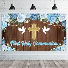XtraLarge First Holy Communion Backdrop Banner Blue Boy God Bless Baptism Par...