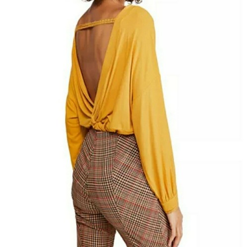 Free People Shirt Gold Shimmy Shake Slouchy Low Open Back Top NWT Womens Small