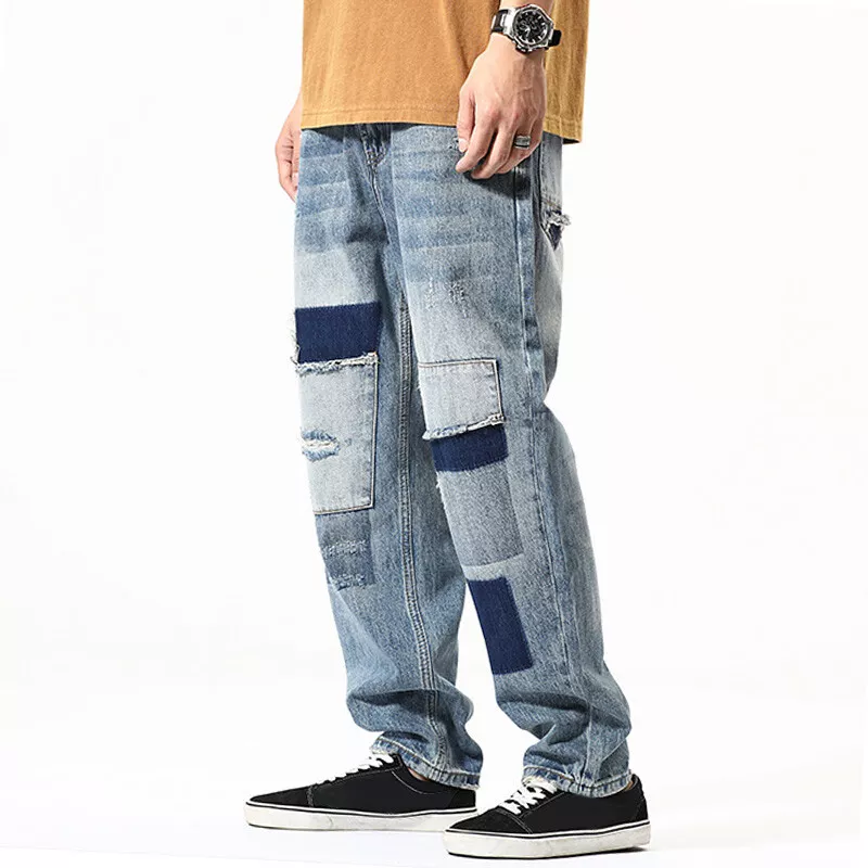 Men Jeans Trousers Casual Straight Leg Patchwork Denim Pants Loose  Distressed