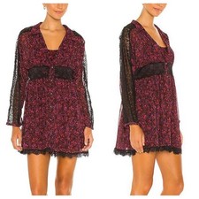 NWT FREE PEOPLE Floral Lace Long Sleeve Dress Small Boho Pretty Red Black