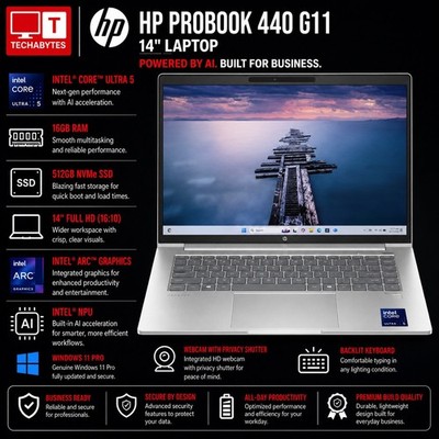 HP ProBook 440 G11 14'' Laptop Intel Ultra 5 16GB RAM 512GB SSD NPU Win 11 Pro