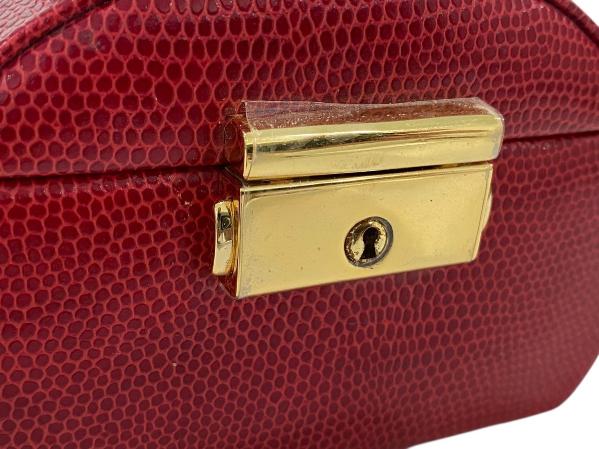 Wolf Designs Red Pebbled Travel Jewelry Box Case Mirror Tray Gold