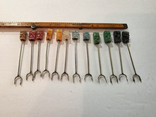 12 Vintage/Retro Tiki  MCM Metal Cocktail Picks w/ Multicolor Stone Handles 6 in