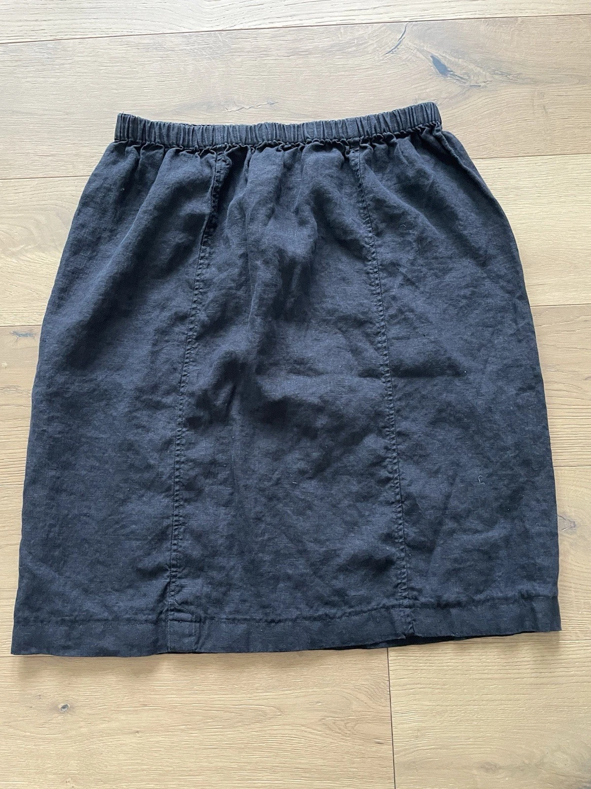 Flax Women's Black 100% Linen Midi Skirt Pull On Elastic Waist Size Large