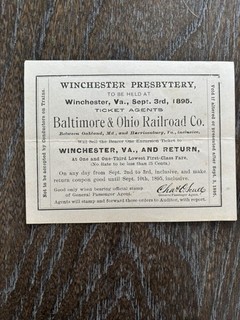 1895 Winchester Va. Presbytery Ticket B & O RR Oakland Md. To Harrisonburg Va.