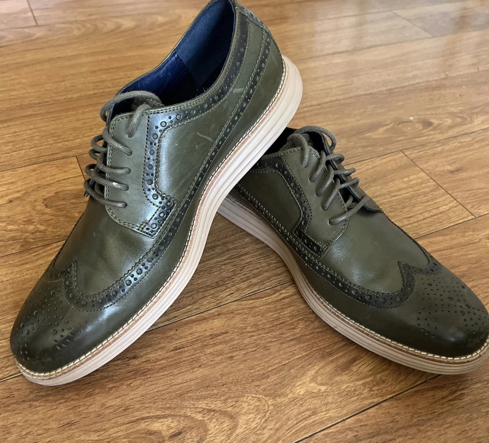 Cole Haan Lunarlon Wingtip Oxford Dress Shoes Olive Green Leather Men's 12 M