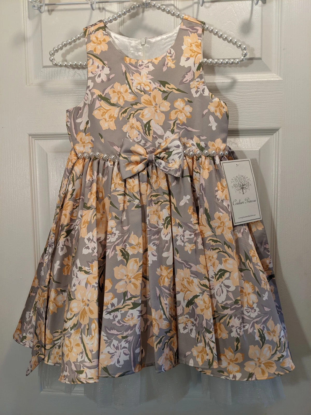 NWT, COUTURE PRINCESS Girls Dress, Size 7 Beautiful Gray With Yellow Flowers