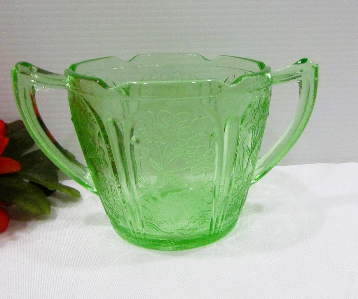 Vintage Jeanette Green Uranium Depression Glass Sugar Bowl Cherry Blossom Patter