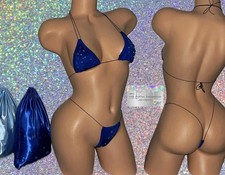 EXOTIC DANCER/ STRIPPER WEAR: DARK BLUE 2 PIECE SET WITH RHINESTONES  PEARLS