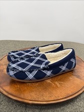 Lands End Slippers Wm 8 Blue Suede White Plaid Mocassin Slip On Cozy Comfort