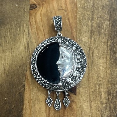 A925 Sterling Silver Half Moon Marcasite Accent Onyx Disc Pendant 16.4 Grams