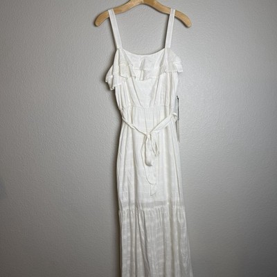 NWT June & Hudson White Tiered Ruffle Maxi Dress Size1 S Boho Sundress Tie Waist
