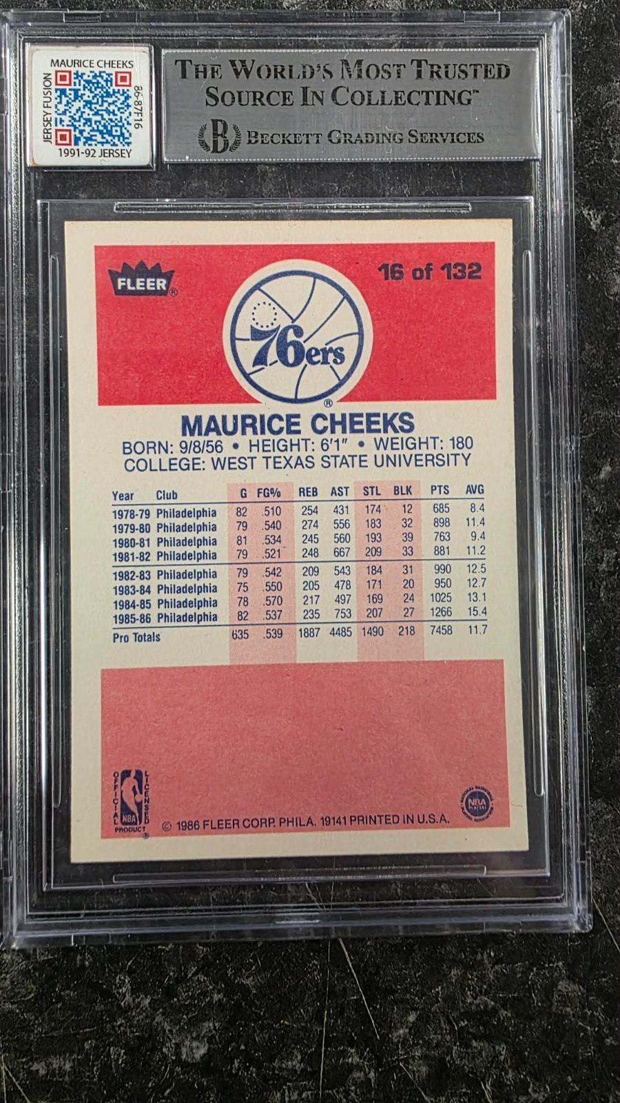 1986 87 FLEER MAURICE CHEEKS AUTO  GAME USED JERSEY PATCH BGS 10 AUTOGRAPH view 2