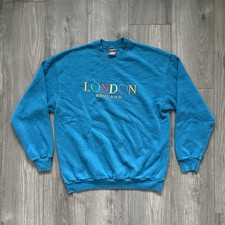 VTG Screen Stars Pullover Sweatshirt Mens L Blue Green Embroidered Logo London