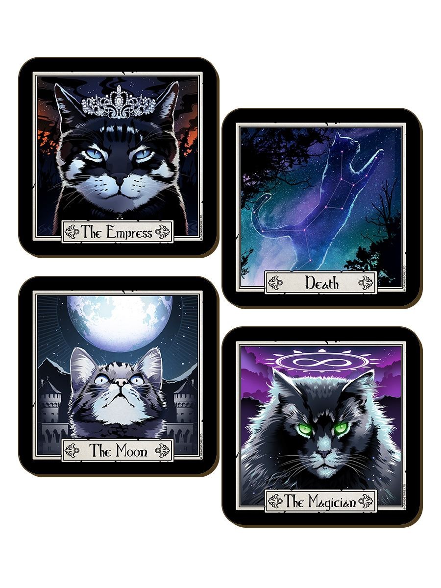 Deadly Tarot Coaster Set Felis Magician, Empress, Death & Moon 4 Piece 9.2x9.2cm