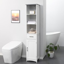 Tall Bathroom Storage Cabinet, Freestanding Linen Tower Slim Organizer, White