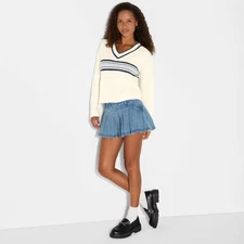 Women's V-Neck Pullover Sweater - Wild Fable Off-White Rugby Striped L