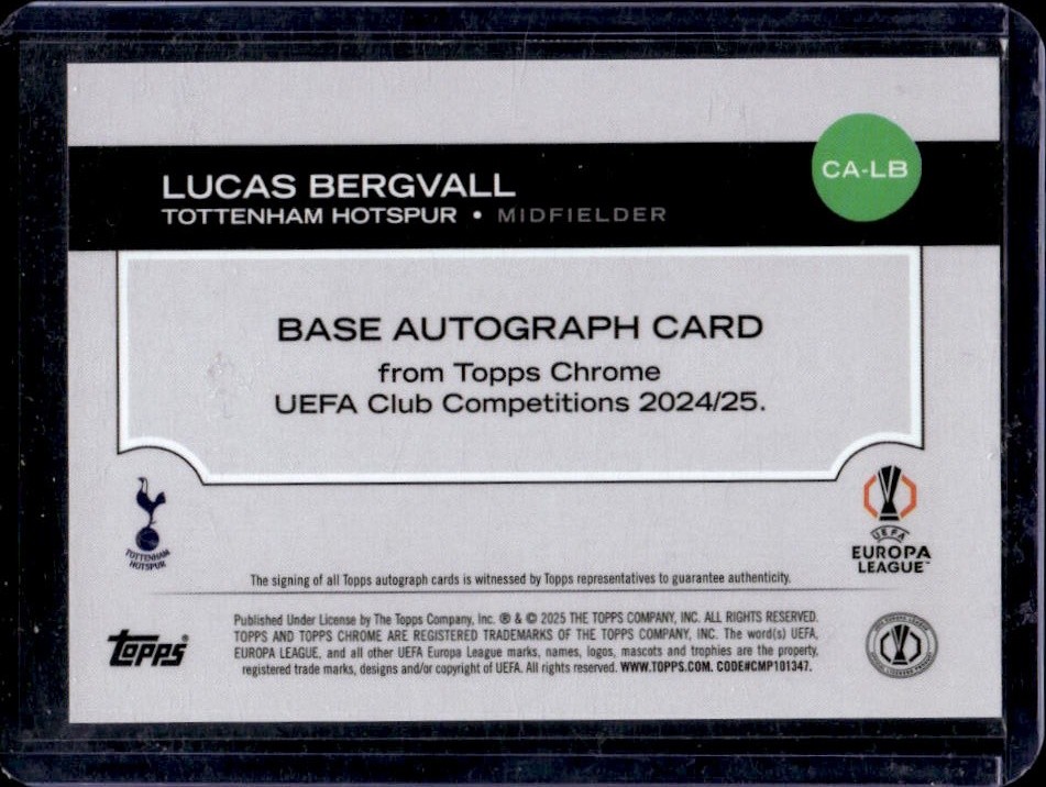 2024-25 Topps Chrome UEFA Lucas Bergvall Auto Rookie RC #CA-LB Tottenham (B) view 2