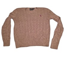 Vtg Polo Ralph Lauren Beige Tan Cable Knit Sweater Mens Medium 100 Silk V-Neck