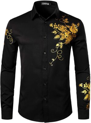 ZEROYAA Men's Hipster Rose Floral Print Slim Fit Long Sleeve Button-Up Shirt - Black Royal, Size Large - View #4